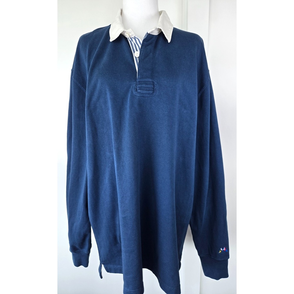 Vintage J. Crew Rugby Polo Sweater Shirt Long Sleeves Navy Striped Collar Sz XL